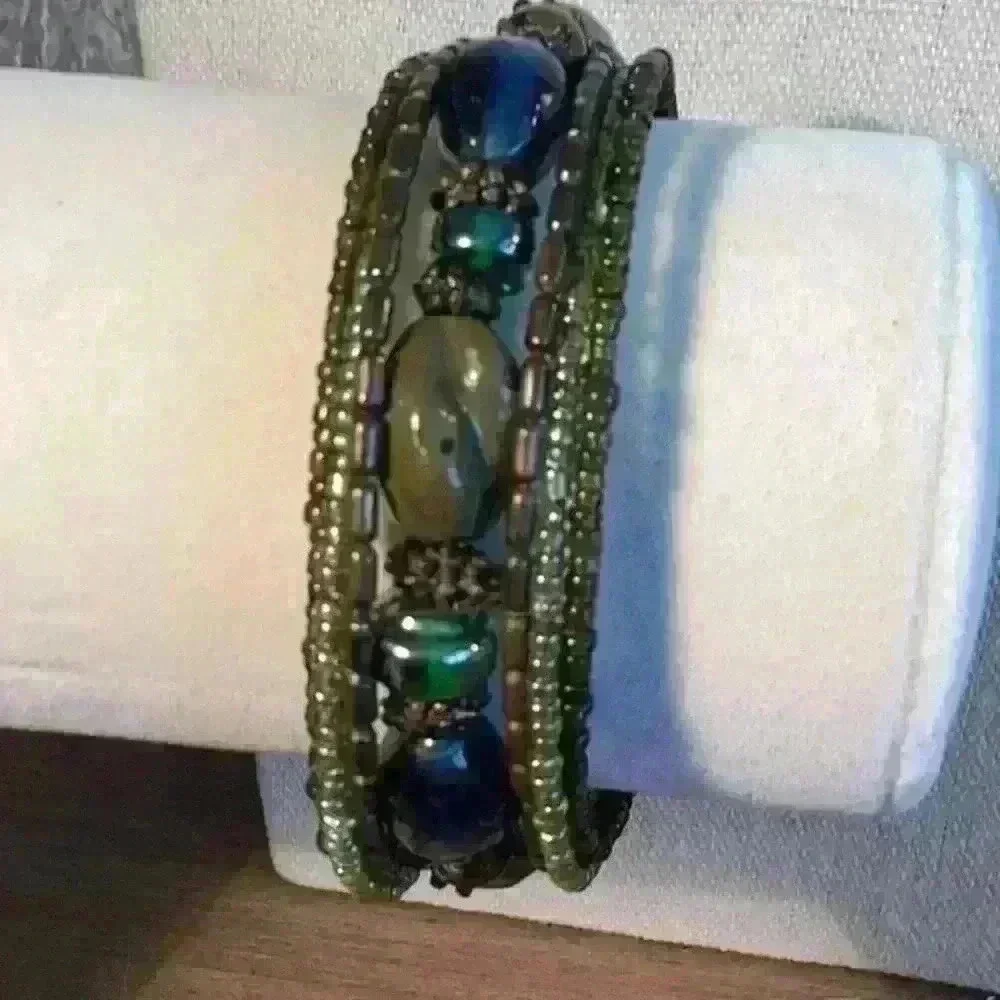 Vintage Beaded Adjustable Cuff with Acrylic Beads Green